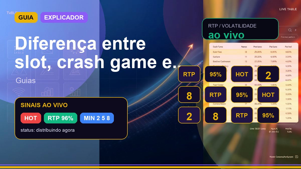 Tres paineis comparando slot, jogo crash e mesa ao vivo com visual editorial moderno.