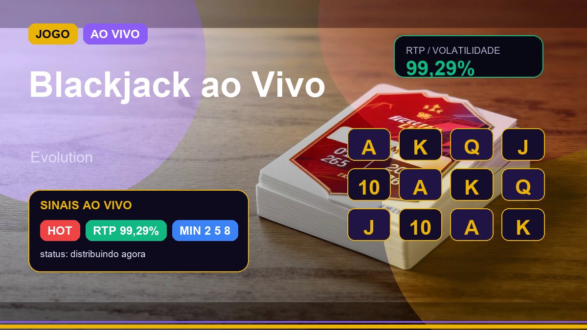 Mesa de blackjack ao vivo com cartas, fichas e iluminacao de estudio.